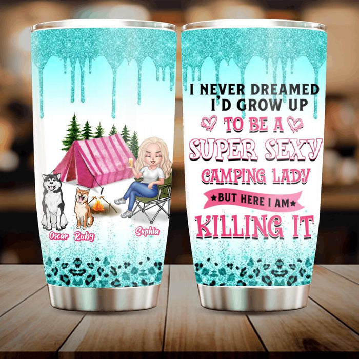 Custom Personalized Camping Tumbler - Gift for Camping Lovers, Dog Mom - Camping Queen Dog Mom - Up to 2 Dogs - I never dreamed I'd grow up to be a sexy camping lady