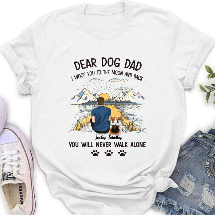 Custom Personalized Dog Dad Shirt - Upto 5 Dogs - Gift Idea for Father's Day/Dog Lover - I Woof You To The Moon And Back