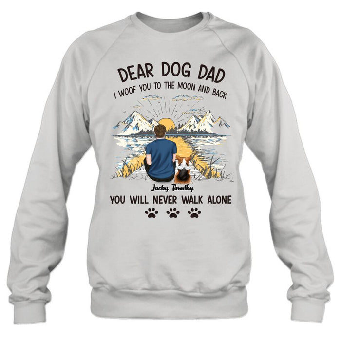 Custom Personalized Dog Dad Shirt - Upto 5 Dogs - Gift Idea for Father's Day/Dog Lover - I Woof You To The Moon And Back