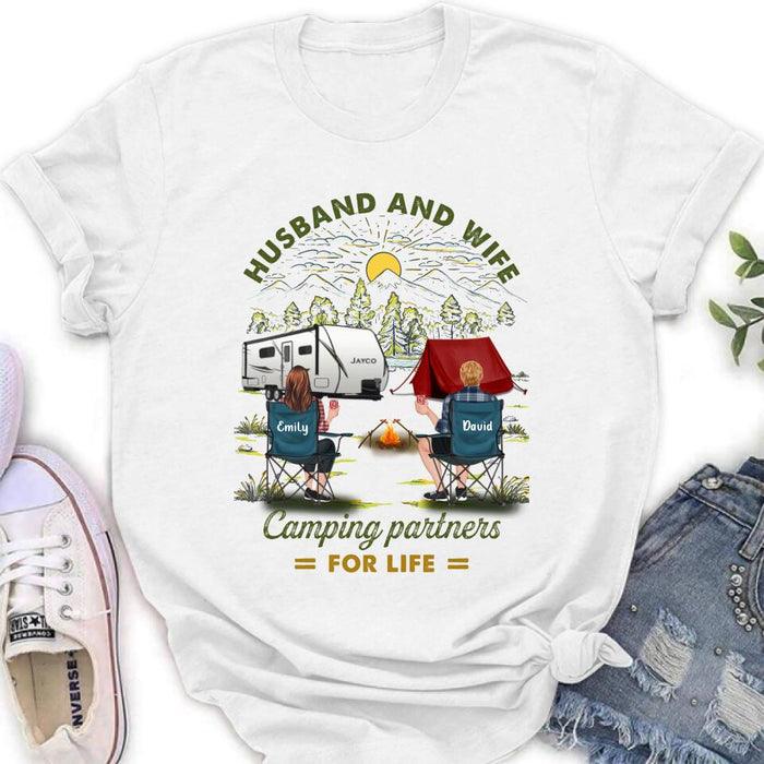 Custom Personalized Camping Shirt/Hoodie - Gift Idea For Camping Lovers/Couple With Up To 4 Dogs - Husband And Wife Camping Partners For Life