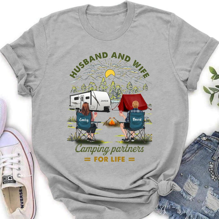 Custom Personalized Camping Shirt/Hoodie - Gift Idea For Camping Lovers/Couple With Up To 4 Dogs - Husband And Wife Camping Partners For Life