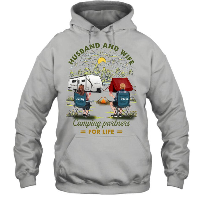 Custom Personalized Camping Shirt/Hoodie - Gift Idea For Camping Lovers/Couple With Up To 4 Dogs - Husband And Wife Camping Partners For Life