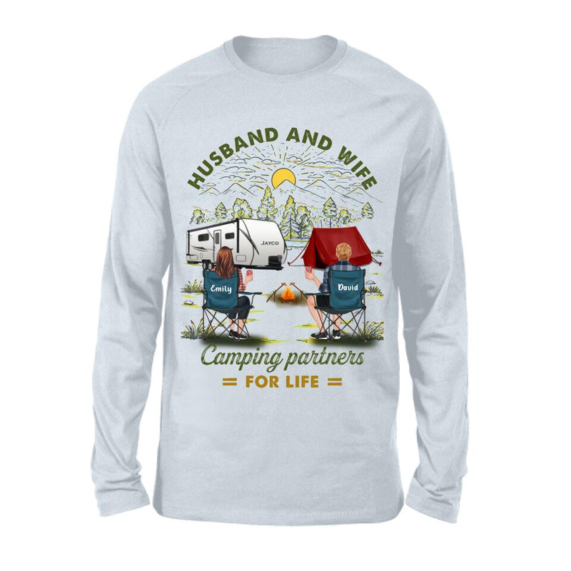 Personalized Camping Shirt/Hoodie - Gift Idea For Camping Lovers/Couple With Up To 4 Dogs - Husband And Wife Camping Partners For Life
