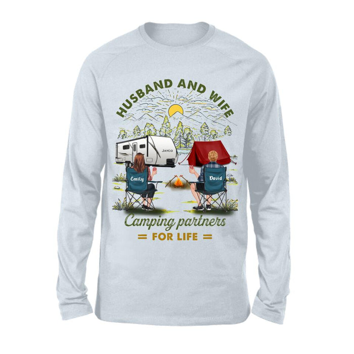 Custom Personalized Camping Shirt/Hoodie - Gift Idea For Camping Lovers/Couple With Up To 4 Dogs - Husband And Wife Camping Partners For Life