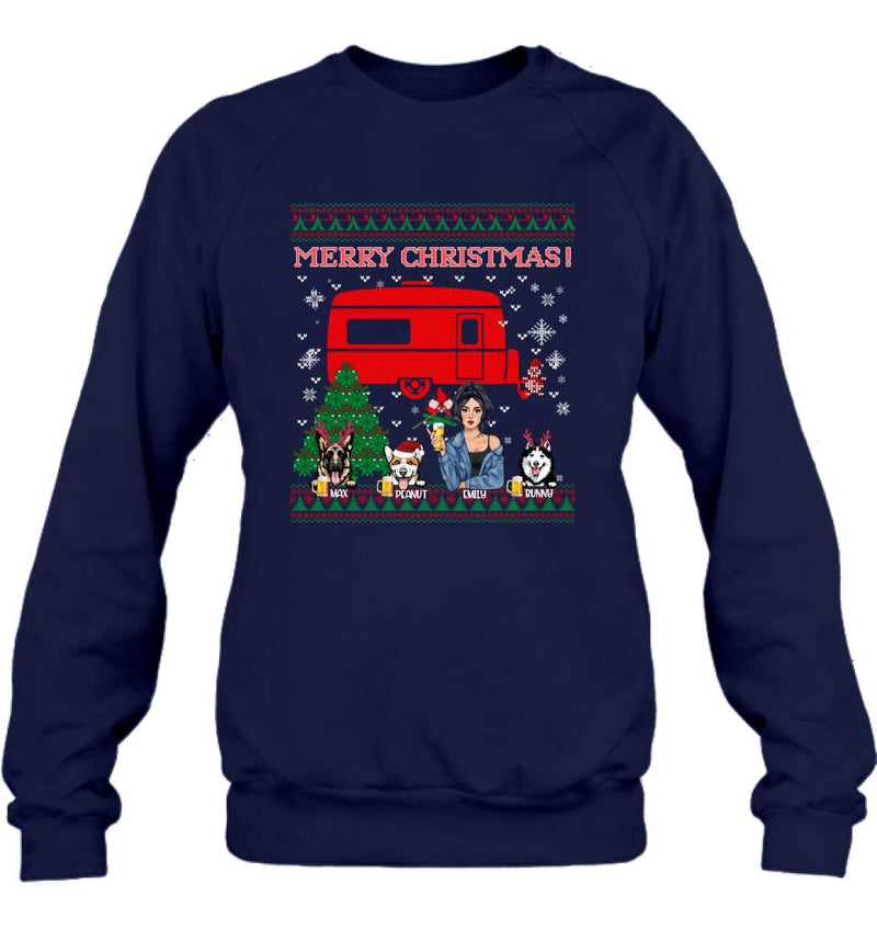 Personalized Dog Mom Camping Sweatshirt - Up to 3 Dogs - Merry Christmas