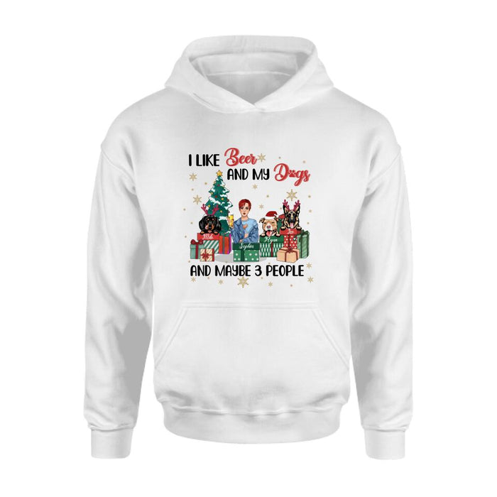 Custom Personalized Christmas Dog Shirt - Upto 3 Dogs - Best Gift For Dog Lover - I Like Beer And My Dogs And Maybe 3 People