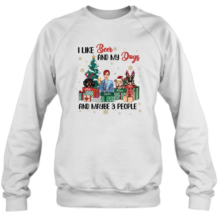 Custom Personalized Christmas Dog Shirt - Upto 3 Dogs - Best Gift For Dog Lover - I Like Beer And My Dogs And Maybe 3 People