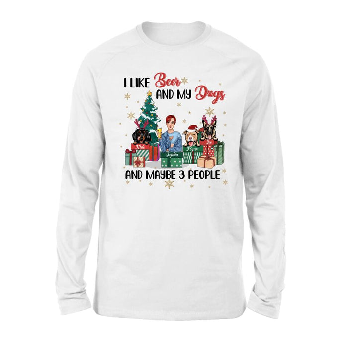 Custom Personalized Christmas Dog Shirt - Upto 3 Dogs - Best Gift For Dog Lover - I Like Beer And My Dogs And Maybe 3 People