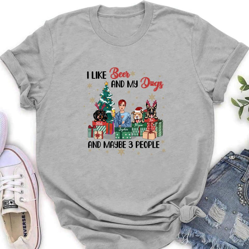 Personalized Christmas Dog Shirt - Up to 3 Dogs - Best Gift For Dog Lover - I Like Beer And My Dogs And Maybe 3 People