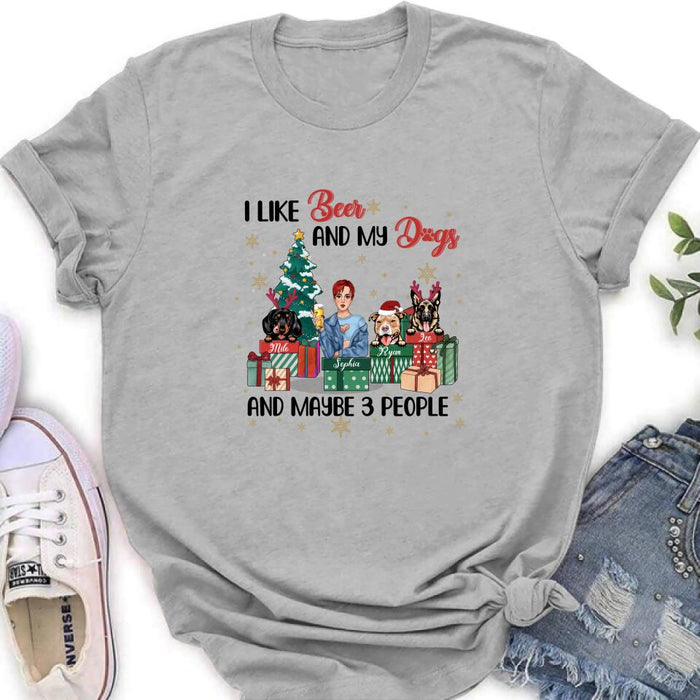 Custom Personalized Christmas Dog Shirt - Upto 3 Dogs - Best Gift For Dog Lover - I Like Beer And My Dogs And Maybe 3 People