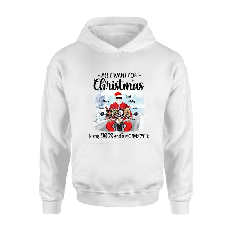 Personalized Christmas Biker With Dogs Shirt - Up to 4 Dogs - Christmas Gift For Dog Lover - All I Want For Christmas Is My Dogs And A Motorcycle