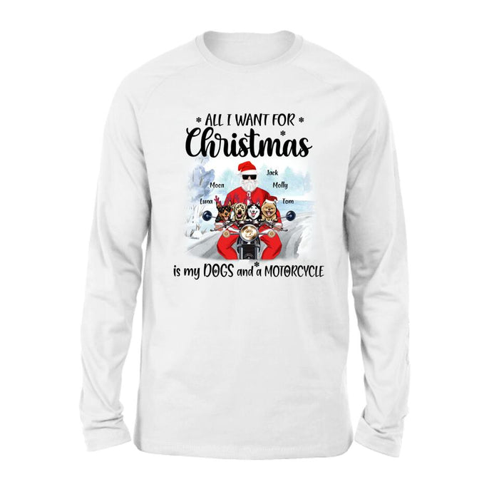 Custom Personalized Christmas Biker With Dogs Shirt - Upto 4 Dogs - Christmas Gift For Dog Lover - All I Want For Christmas Is My Dogs And A Motorcycle