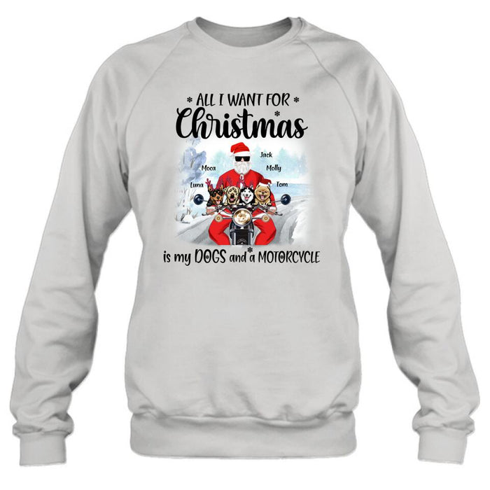 Custom Personalized Christmas Biker With Dogs Shirt - Upto 4 Dogs - Christmas Gift For Dog Lover - All I Want For Christmas Is My Dogs And A Motorcycle