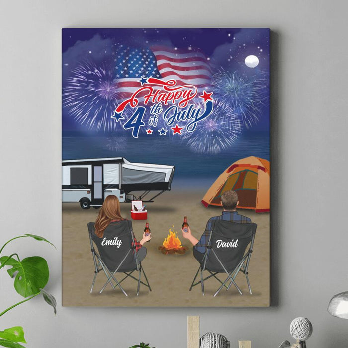 Custom Personalized Beach Night Camping Family Canvas - Adult/ Couple/ Parents With Upto 3 Kids And 4 Pets - Independence Day Gift Idea For Family/ Camping Lover - Happy 4th Of July