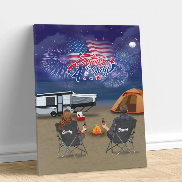 Custom Personalized Beach Night Camping Family Canvas - Adult/ Couple/ Parents With Upto 3 Kids And 4 Pets - Independence Day Gift Idea For Family/ Camping Lover - Happy 4th Of July