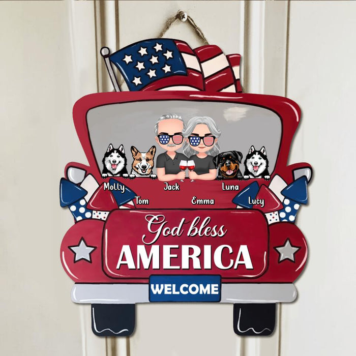 Custom Personalized Independence Truck Wooden Sign - Couple With Upto 4 Dogs/Cats - Gift Idea For Independence Day/Couple/Dog/Cat Lover - God Bless America