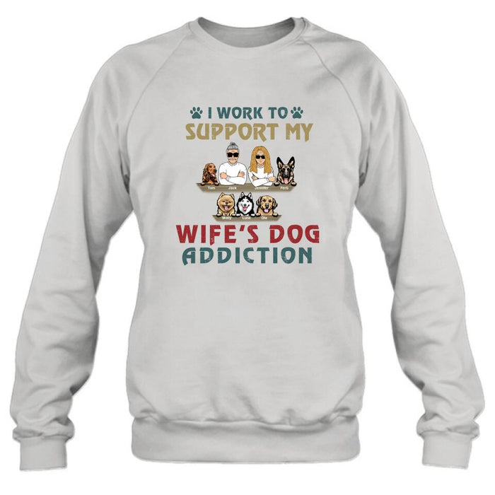 Custom Personalized Couple Dog Shirt - Upto 5 Dogs - Gift For Dog Lovers/Couple - I Work To Support My Wife's Dog Addiction