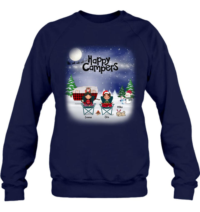 Custom Personalized Couple Camping Xmas T-Shirt/ Sweatshirt/ Hoodie - Couple With Upto 4 Pets - Christmas Gift For Cat/ Dog Lover