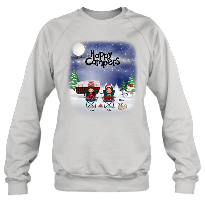 Custom Personalized Couple Camping Xmas T-Shirt/ Sweatshirt/ Hoodie - Couple With Upto 4 Pets - Christmas Gift For Cat/ Dog Lover