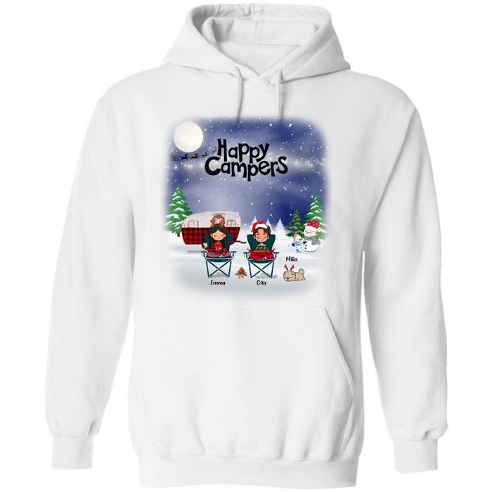 Custom Personalized Couple Camping Xmas T-Shirt/ Sweatshirt/ Hoodie - Couple With Upto 4 Pets - Christmas Gift For Cat/ Dog Lover