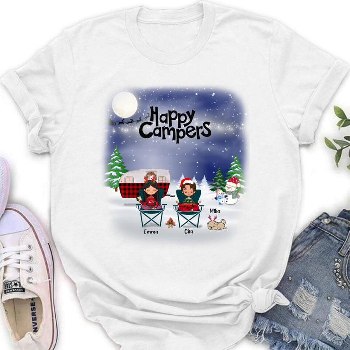 Custom Personalized Couple Camping Xmas T-Shirt/ Sweatshirt/ Hoodie - Couple With Upto 4 Pets - Christmas Gift For Cat/ Dog Lover