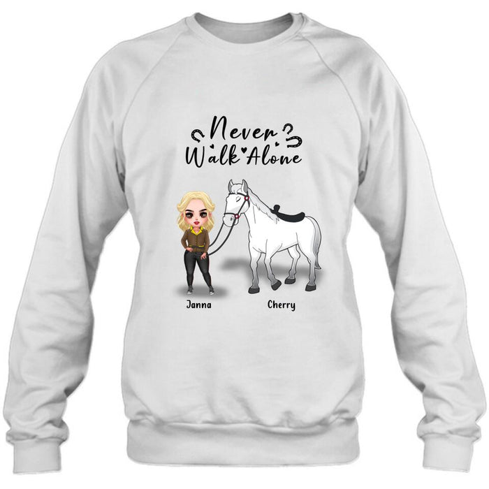 Custom Personalized Horse Girl Chibi Hoodie/Sweatshirt/T-shirt/Long Sleeve - Gift For Horse Lovers with up to 2 Horses - Never Walk Alone