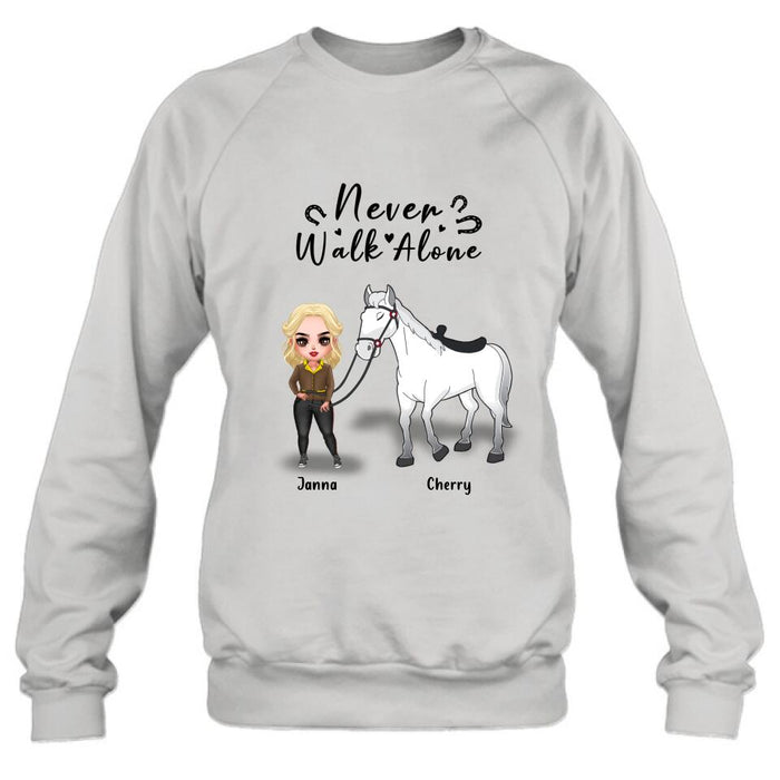 Custom Personalized Horse Girl Chibi Hoodie/Sweatshirt/T-shirt/Long Sleeve - Gift For Horse Lovers with up to 2 Horses - Never Walk Alone