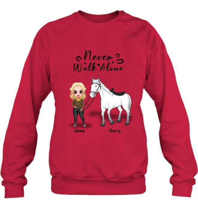 Custom Personalized Horse Girl Chibi Hoodie/Sweatshirt/T-shirt/Long Sleeve - Gift For Horse Lovers with up to 2 Horses - Never Walk Alone