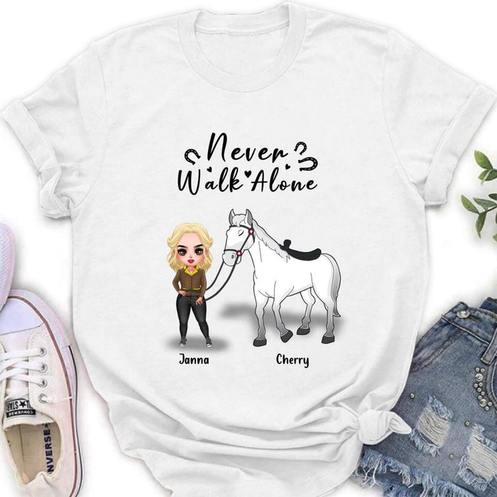 Custom Personalized Horse Girl Chibi Hoodie/Sweatshirt/T-shirt/Long Sleeve - Gift For Horse Lovers with up to 2 Horses - Never Walk Alone