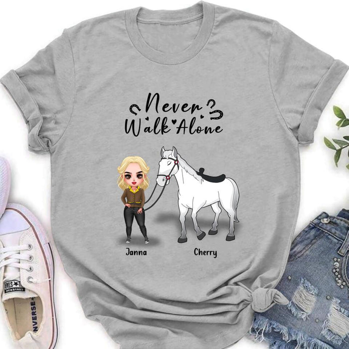 Custom Personalized Horse Girl Chibi Hoodie/Sweatshirt/T-shirt/Long Sleeve - Gift For Horse Lovers with up to 2 Horses - Never Walk Alone