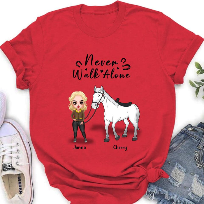 Custom Personalized Horse Girl Chibi Hoodie/Sweatshirt/T-shirt/Long Sleeve - Gift For Horse Lovers with up to 2 Horses - Never Walk Alone