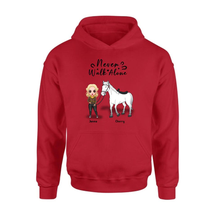 Custom Personalized Horse Girl Chibi Hoodie/Sweatshirt/T-shirt/Long Sleeve - Gift For Horse Lovers with up to 2 Horses - Never Walk Alone