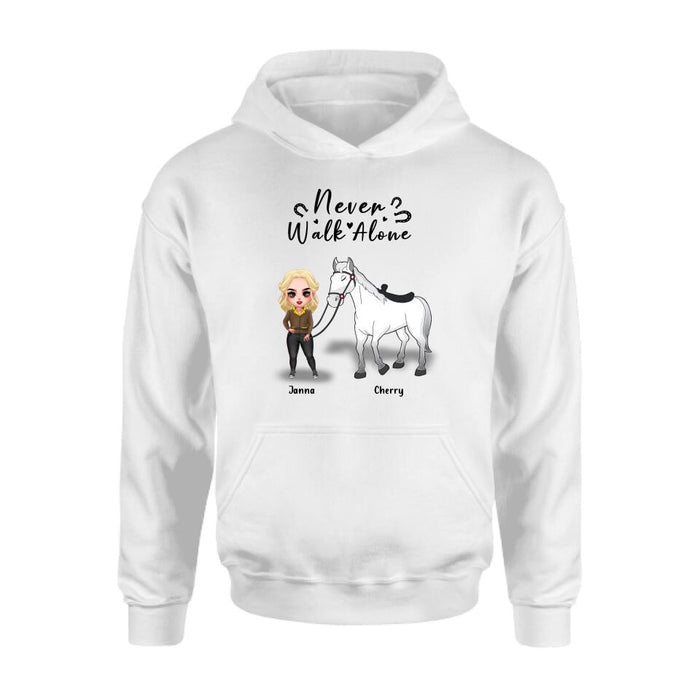 Custom Personalized Horse Girl Chibi Hoodie/Sweatshirt/T-shirt/Long Sleeve - Gift For Horse Lovers with up to 2 Horses - Never Walk Alone