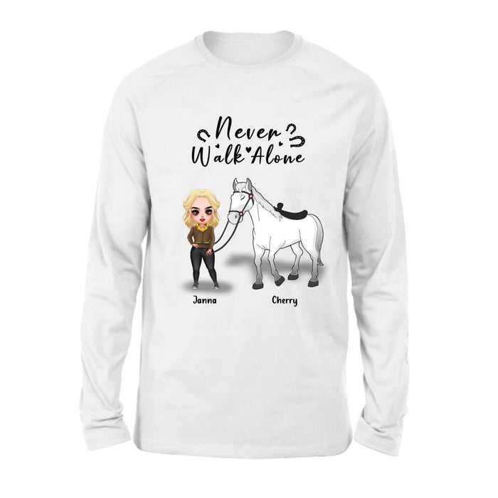 Custom Personalized Horse Girl Chibi Hoodie/Sweatshirt/T-shirt/Long Sleeve - Gift For Horse Lovers with up to 2 Horses - Never Walk Alone