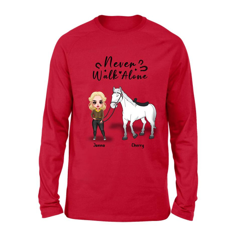 Personalized Horse Girl Chibi Hoodie/Sweatshirt/T-shirt/Long Sleeve - Gift For Horse Lovers with up to 2 Horses - Never Walk Alone
