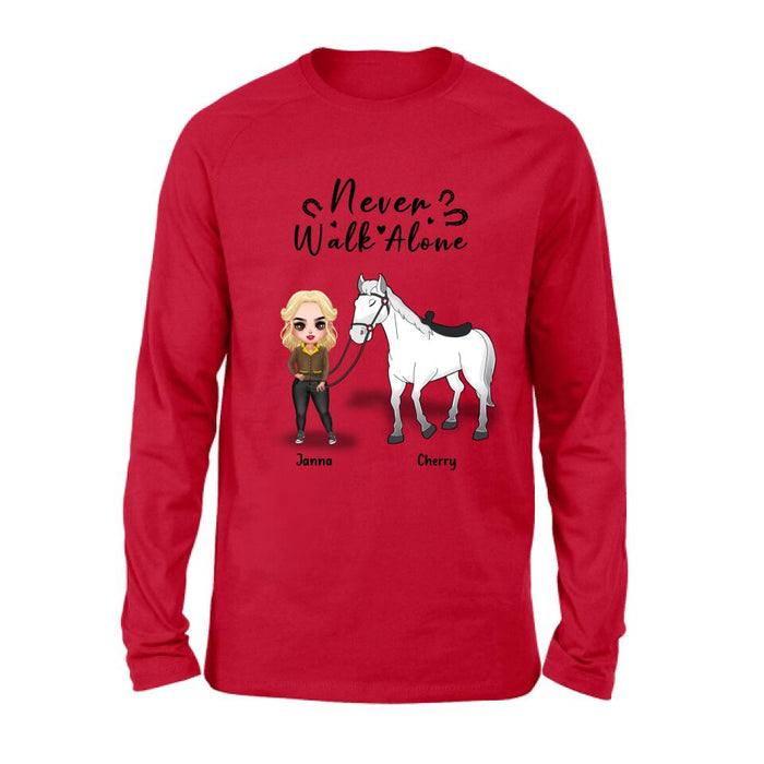 Custom Personalized Horse Girl Chibi Hoodie/Sweatshirt/T-shirt/Long Sleeve - Gift For Horse Lovers with up to 2 Horses - Never Walk Alone