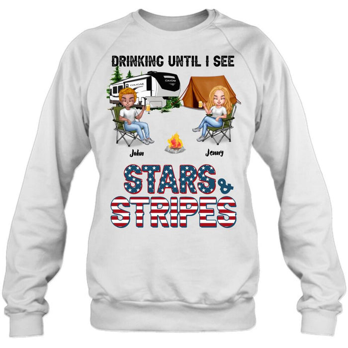 Custom Personalized Camping Friends Shirt - Upto 7 People - Gift Idea For Camping Lover/Friends - Drinking Until I See Stars And Stripes