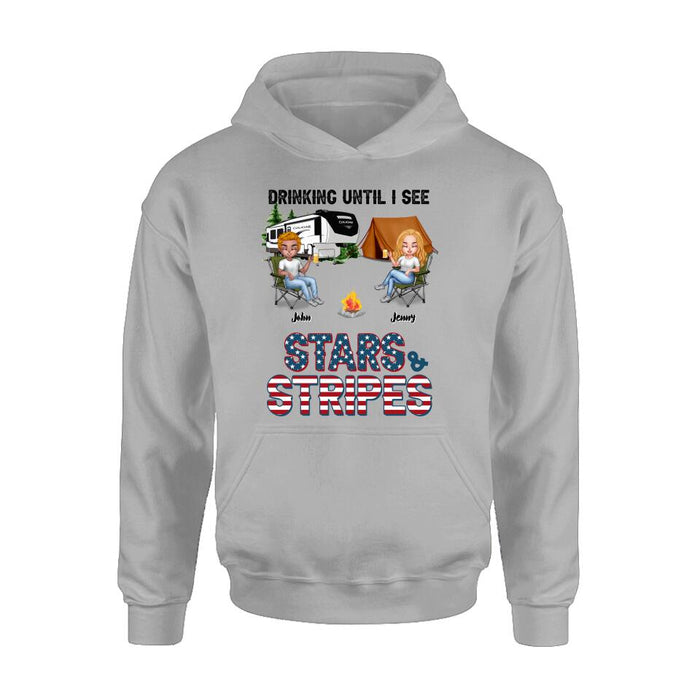 Custom Personalized Camping Friends Shirt - Upto 7 People - Gift Idea For Camping Lover/Friends - Drinking Until I See Stars And Stripes