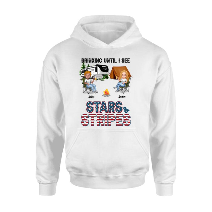 Custom Personalized Camping Friends Shirt - Upto 7 People - Gift Idea For Camping Lover/Friends - Drinking Until I See Stars And Stripes