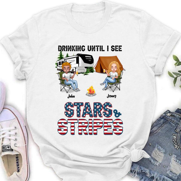 Custom Personalized Camping Friends Shirt - Upto 7 People - Gift Idea For Camping Lover/Friends - Drinking Until I See Stars And Stripes