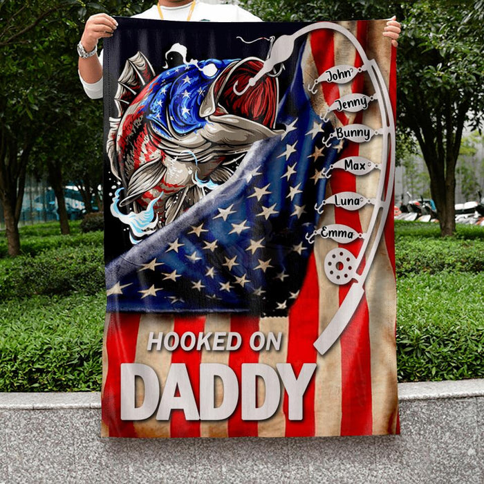 Custom Personalized Hooked On Flag - Upto 6 Names - Gift Idea For Independence Day/Father's Day - Hooked On Daddy