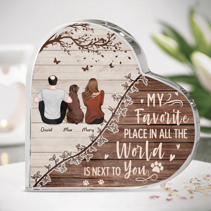 Custom Personalized Couple Sitting With Dogs Back View Crystal Heart  - Upto 4 Dogs - Gift Idea For Couple/ Dog Lovers - My Favorite Place In All The World Is Next To You