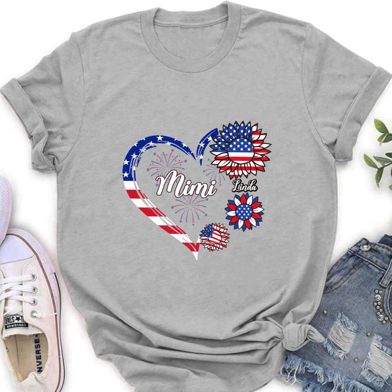 Personalized Grandma T-shirt/Hoodie - Gift Idea For Grandma - Up To 10 Kids - Firework With Sunflower US Flag Funny Kids