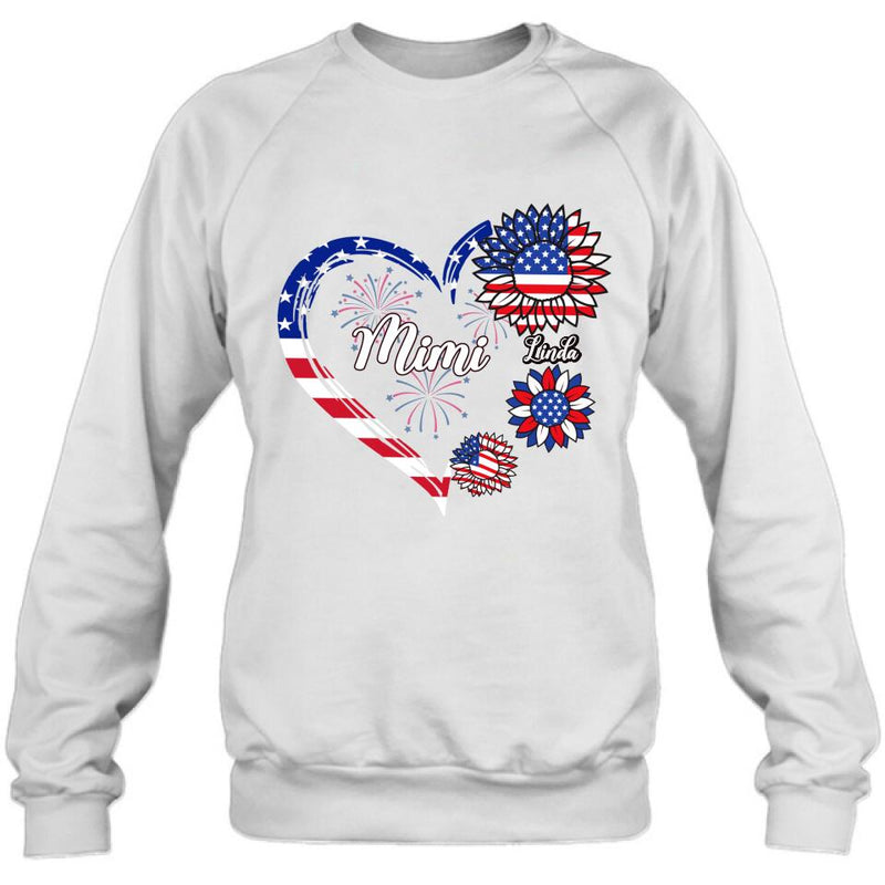 Personalized Grandma T-shirt/Hoodie - Gift Idea For Grandma - Up To 10 Kids - Firework With Sunflower US Flag Funny Kids
