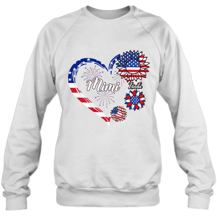 Custom Personalized Grandma T-shirt/Hoodie - Gift Idea For Grandma - Up To 10 Kids - Firework With Sunflower US Flag Funny Kids