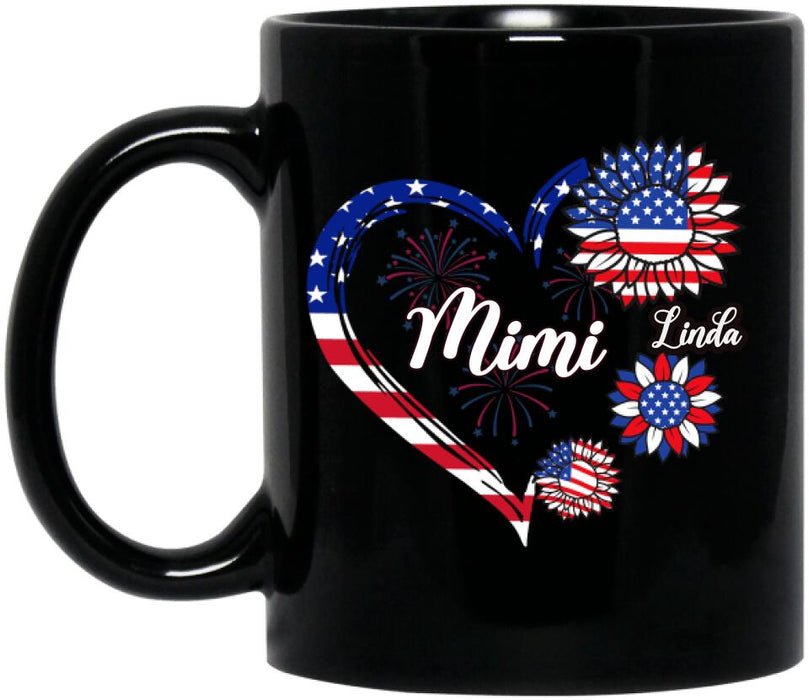 Custom Personalized Grandma Coffee Mug - Gift Idea For Grandma - Up To 10 Kids - Firework With Sunflower US Flag Funny Kids