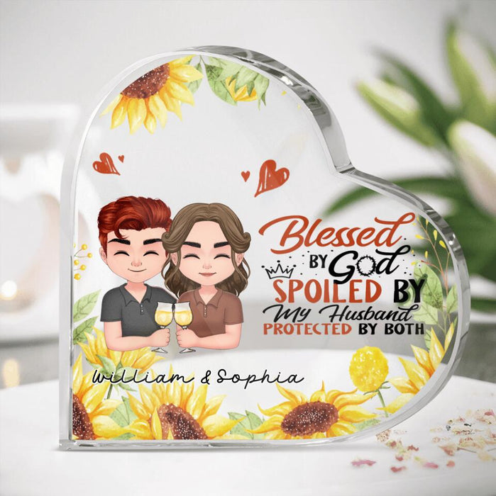 Custom Personalized Chibi Couple Crystal Heart - Gift Idea For Couple - Blessed By God, Spoiled By My Husband, Protected By Both