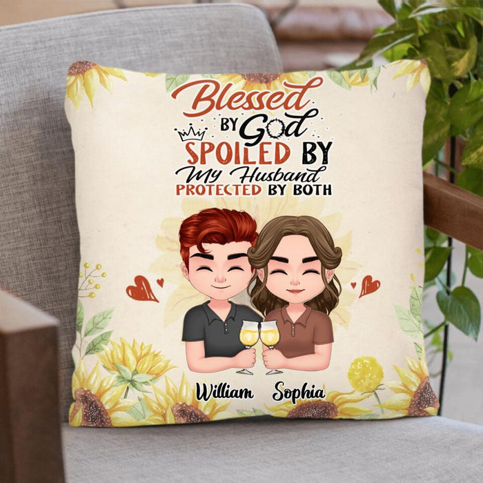 Custom Personalized Chibi Couple Pillow Cover - Gift Idea For Couple - Blessed By God, Spoiled By My Husband, Protected By Both