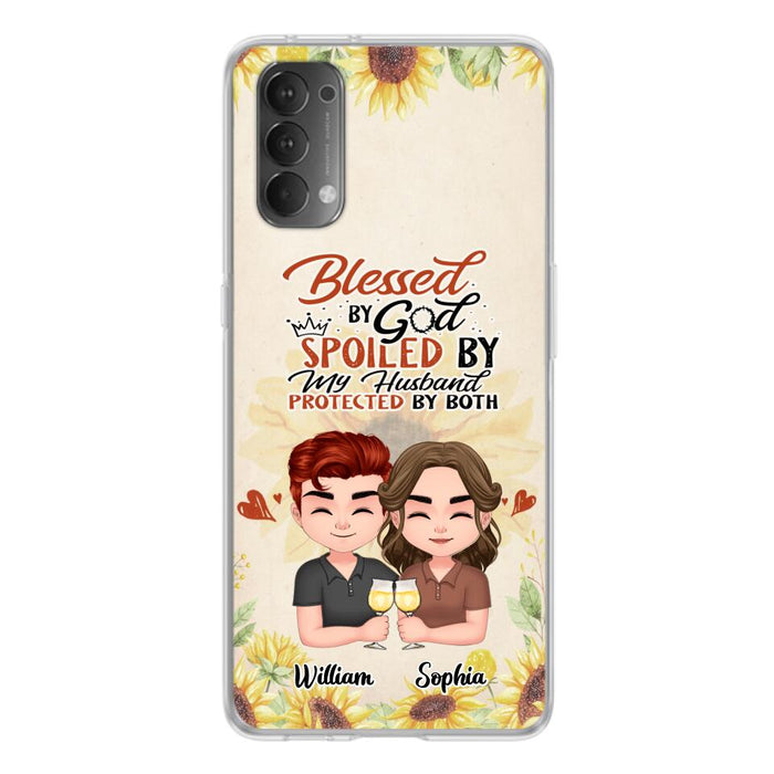 Custom Personalized Chibi Couple Phone Case - Gift Idea For Couple - Blessed By God, Spoiled By My Husband, Protected By Both - Cases For Oppo, Xiaomi & Huawei