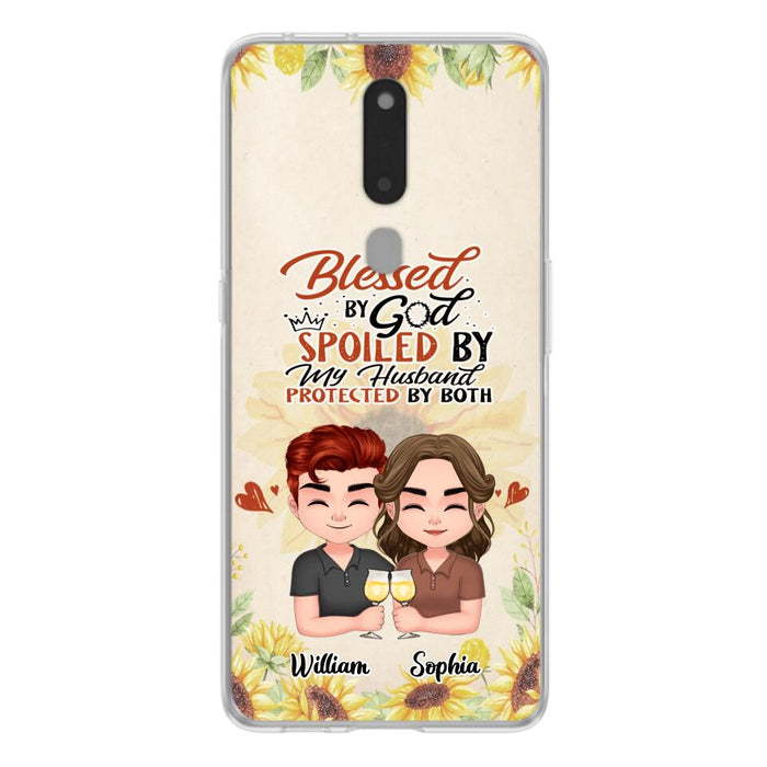 Custom Personalized Chibi Couple Phone Case - Gift Idea For Couple - Blessed By God, Spoiled By My Husband, Protected By Both - Cases For Oppo, Xiaomi & Huawei